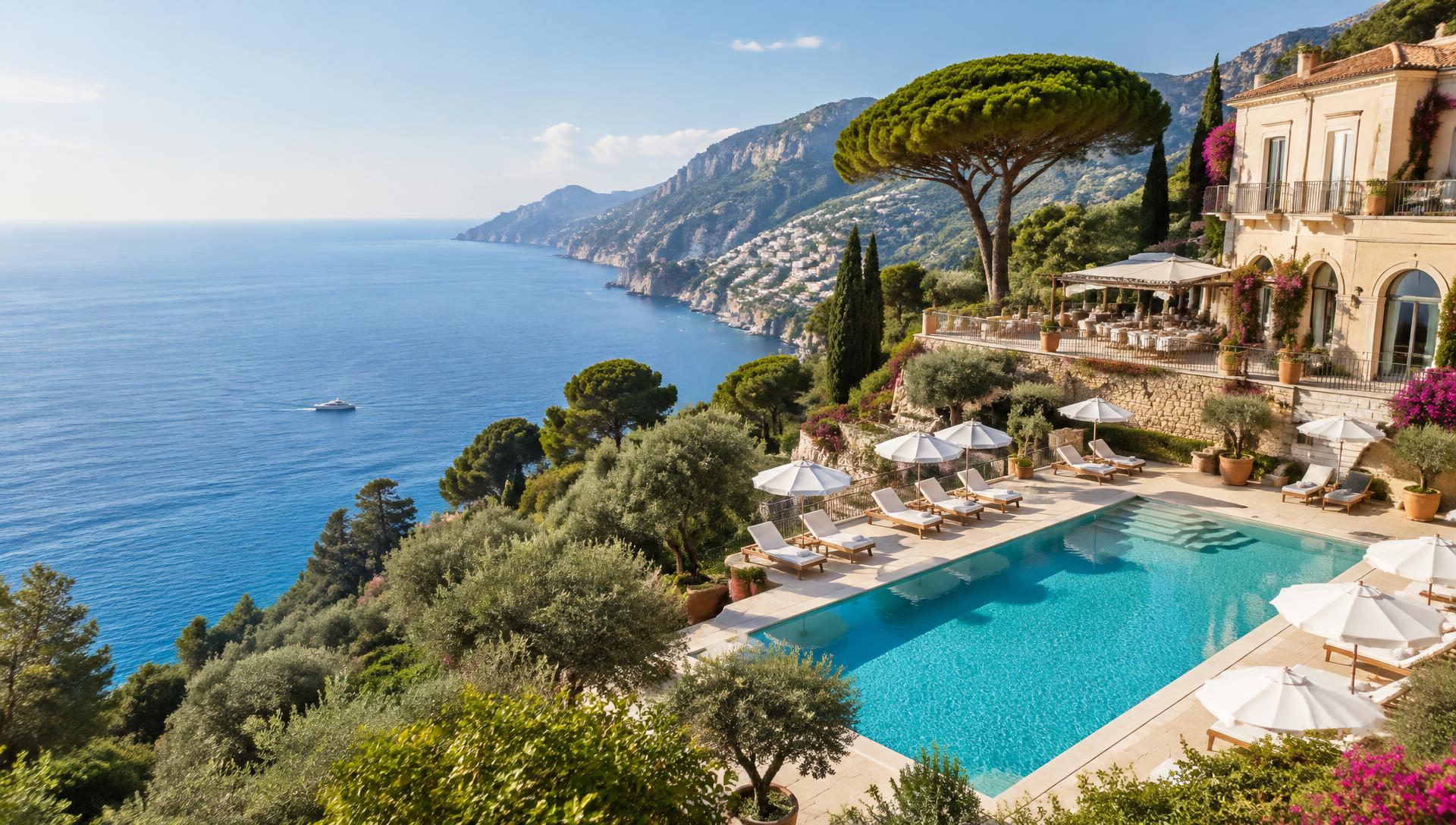 Sunlit coastal hotel with a swimming pool overlooking the Mediterranean